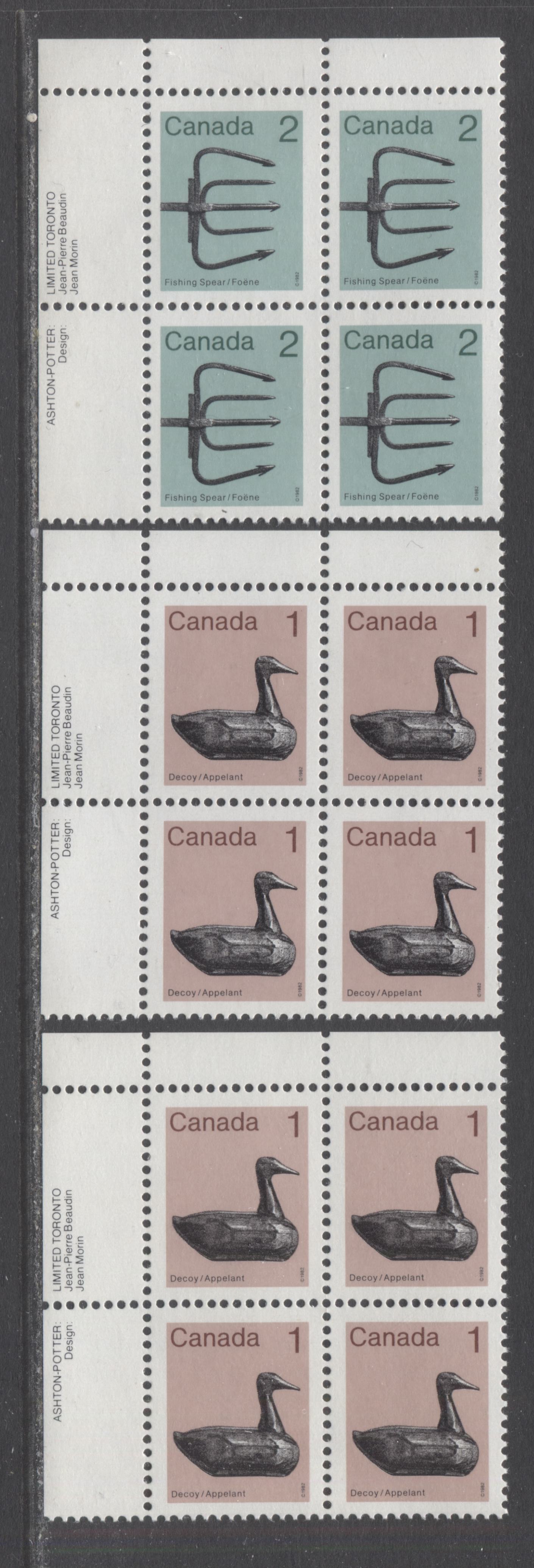 Canada #917,I,918i 1c-2c Light Brown/Green & Multicolored Decoy - Fishing Spear, 1982-1897 Low-Value Artifact Definitives, 3 VFNH UL Inscription Blocks Of 4 On DF/DF & DF/LF Abitibi Papers