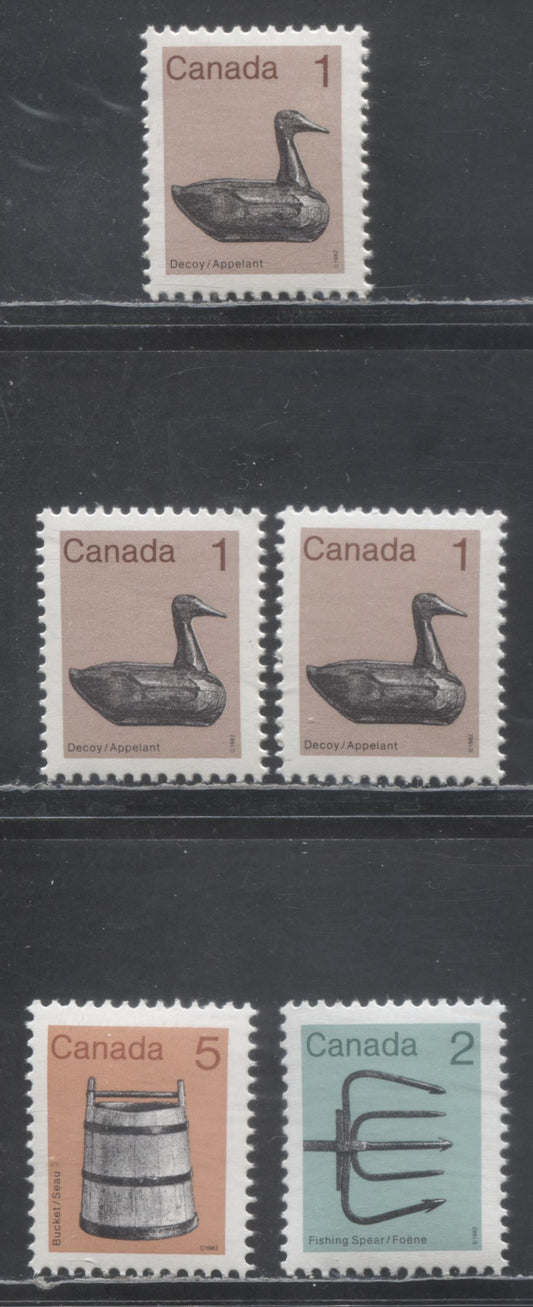 Canada #917aii, 918a, 920a 1c, 2c & 5c Light Brown/Green/Flesh & Multicolored Decoy, Fishing Spear & Bucket, 1982-1897 Low-Value Artifact Definitives, 5 VFNH Singles On NF/NF, NF/DF1 & NF/DF2 Papers, Clark Paper Printings