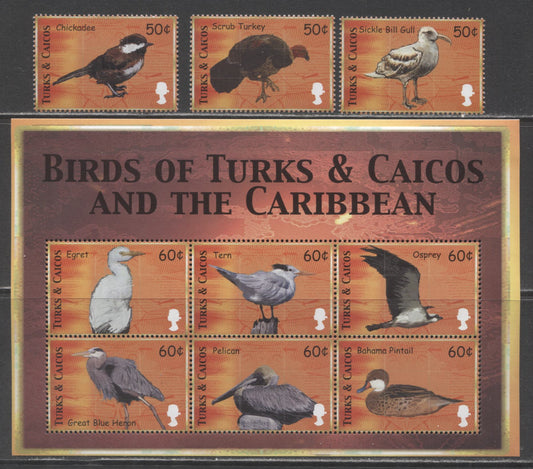 Lot 27 Turks & Caicos Islands SC#1297-1300 2000 Bird Definitives, 4 VFNH Singles & Souvenir Sheet, Click on Listing to See ALL Pictures, 2017 Scott Cat. $18