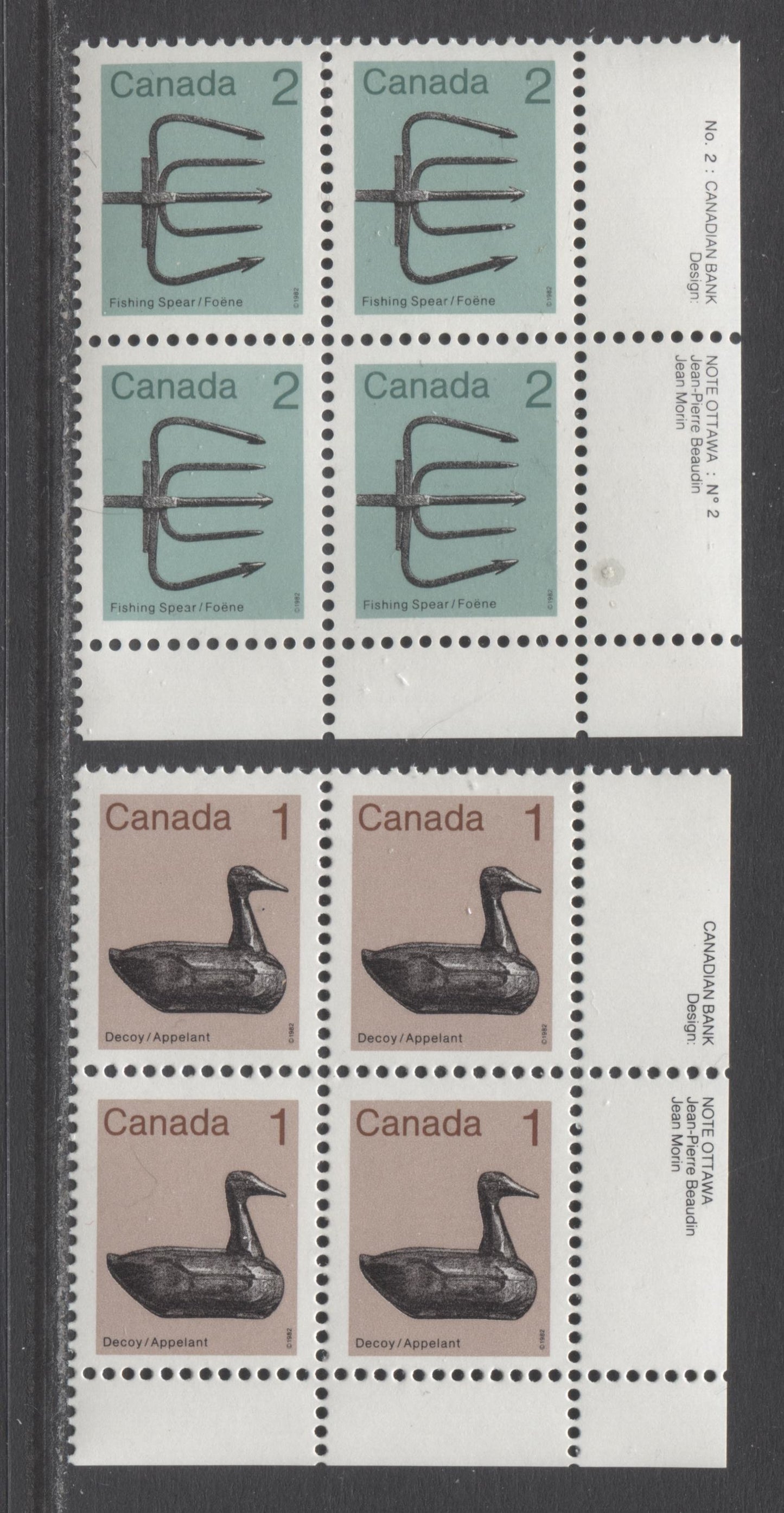 Canada #917a, 918ai 1c & 2c Light Brown/Green & Multicolored Decoy - Fishing Spear, 1982-1897 Low-Value Artifact Definitives, 2 VFNH LR Inscription Blocks Of 4 On DF1/DF2 & DF1/DF1 Harrison Papers