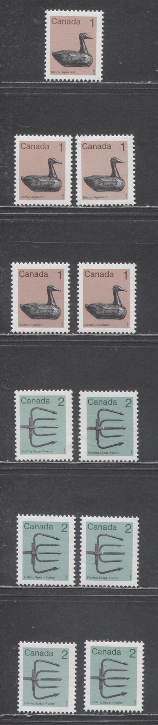 Lot 284 Canada #917iii,iv, 918ii,iii 1c & 2c Light Brown/Green & Multicolored Decoy - Fishing Spear, 1982-1897 Low-Value Artifact Definitives, 11 VFNH Singles On LF/LF, LF/F, Unlisted & Scarce F/HF Rolland Papers