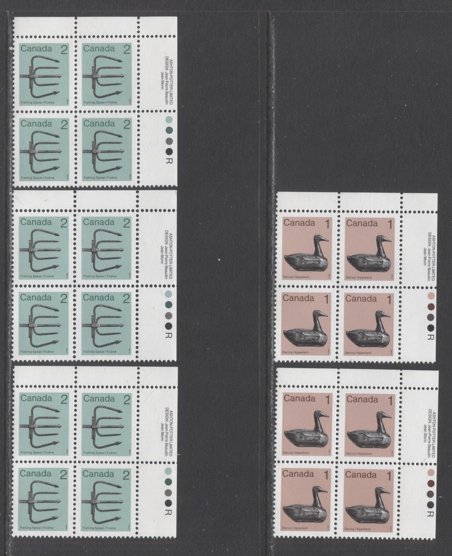 Lot 287 Canada #917iii,iv, 918ii,iii 1c & 2c Light Brown/Green & Multicolored Decoy - Fishing Spear, 1982-1897 Low-Value Artifact Definitives, 5 VFNH UR Inscription Blocks Of 4 On LF/LF & LF/F Rolland Paper