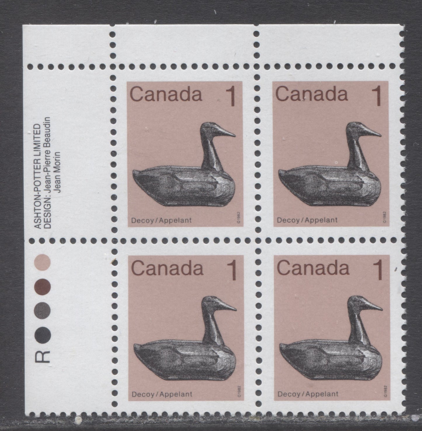 Lot 288 Canada #917ivvar 1c Light Brown & Multicolored Decoy, 1982-1897 Low-Value Artifact Definitives, A VFNH UL Inscription Block Of 4 With Donut Flaw Above Duck, On LF/F-fl Rolland Paper, Possibly Constant