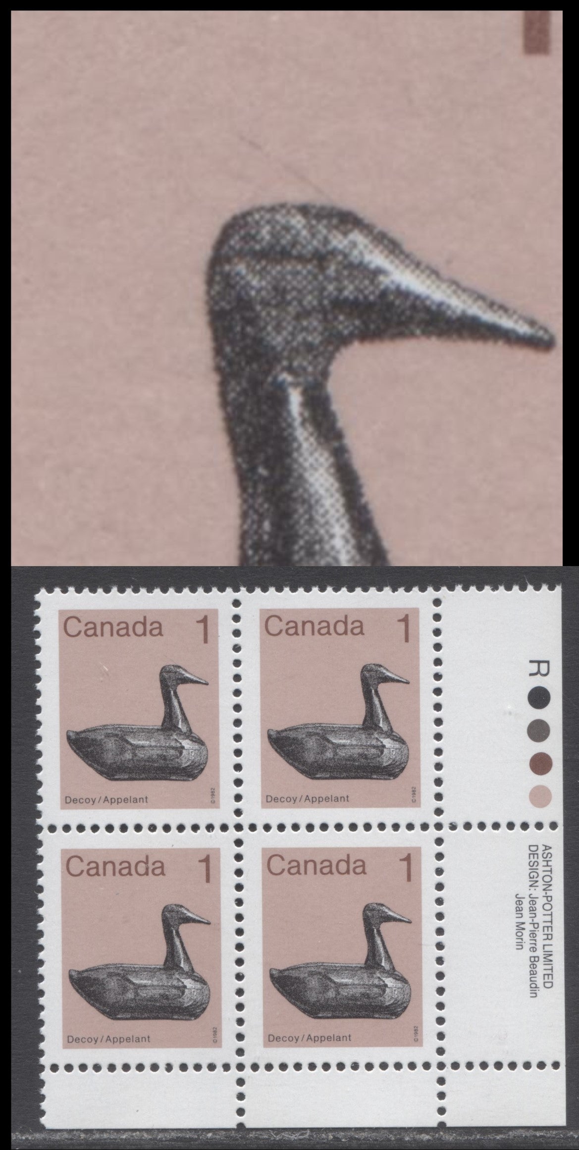 Lot 289 Canada #917vvar 1c Light Brown & Multicolored Decoy, 1982-1897 Low-Value Artifact Definitives, A VFNH LR Inscription Block Of 4 With Hair On Ducks Head (Pos. 89) On Scarce & Unlisted F/HF-fl Paper