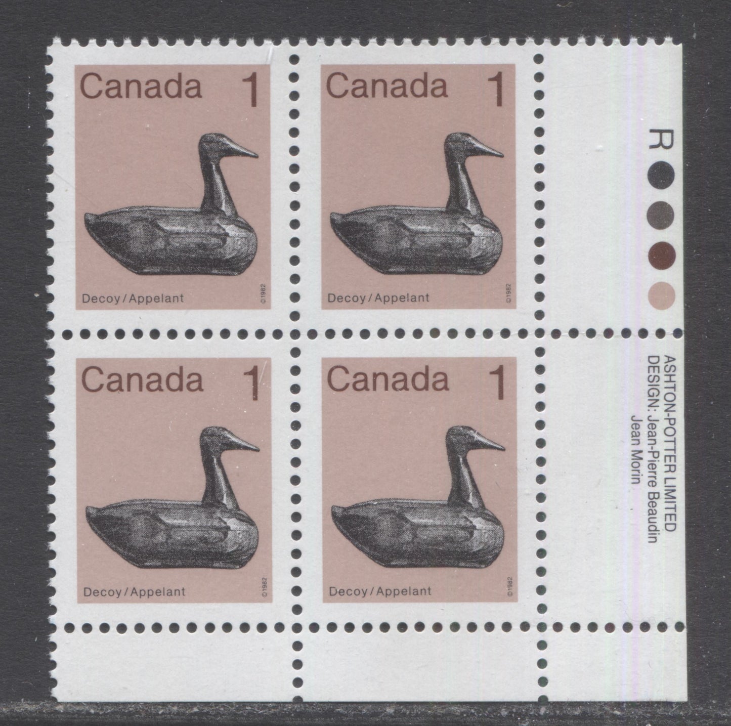 Lot 290 Canada #917vvar 1c Light Brown & Multicolored Decoy, 1982-1897 Low-Value Artifact Definitives, A VFNH LR Inscription Block Of 4 With Hair On Duck's Head On LF/F-fl Rolland Paper