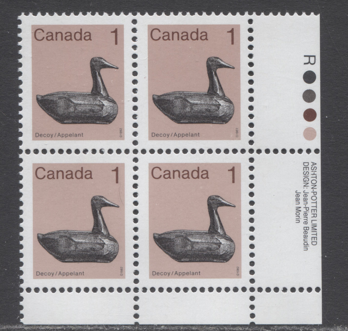Lot 291 Canada #917v 1c Light Brown & Multicolored Decoy, 1982-1897 Low-Value Artifact Definitives, A VFNH LR Inscription Block Of 4 With Hair On Duck's Head Variety On DF/LF3-fl Paper