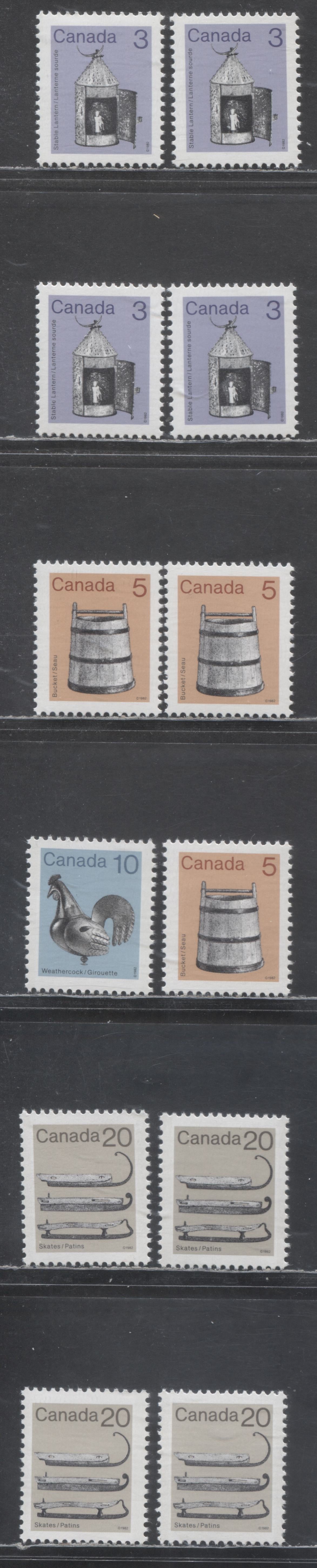 Lot 293 Canada #919iii,iv, 920ii,I, 921ii, 922ii,iii 3c-20c Flesh/Gray Brown & Multicolored Lantern-Ice Skates, 1982-1897 Low-Value Artifact Definitives, 12 VFNH Singles On DF/LF, LF/LF, LF/F & Unlisted LF/MF7 Rolland Papers