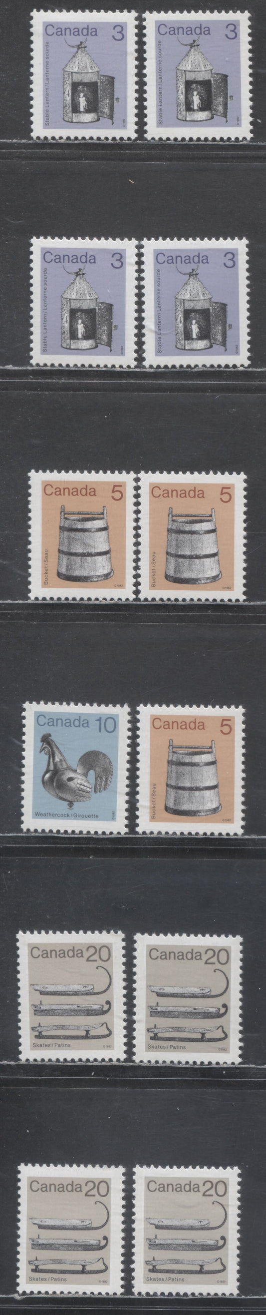 Lot 293 Canada #919iii,iv, 920ii,I, 921ii, 922ii,iii 3c-20c Flesh/Gray Brown & Multicolored Lantern-Ice Skates, 1982-1897 Low-Value Artifact Definitives, 12 VFNH Singles On DF/LF, LF/LF, LF/F & Unlisted LF/MF7 Rolland Papers