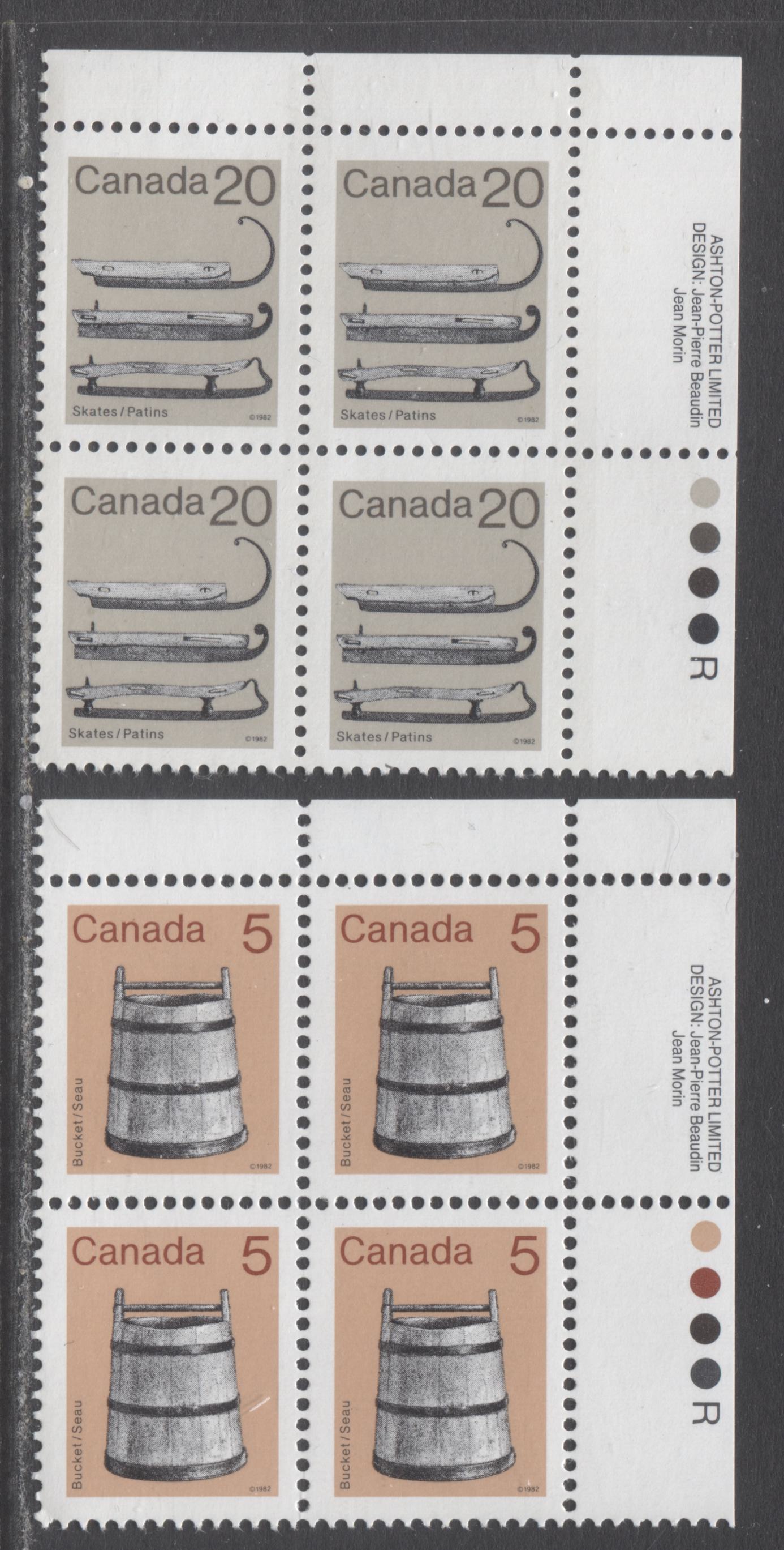 Lot 297 Canada #920ii, 922iii 5c & 20c Flesh/Gray Brown & Multicolored Bucket & Ice Skates, 1982-1897 Low-Value Artifact Definitives, 2 VFNH UR Inscription Blocks Of 4 On LF4/F5-fl Rolland Paper