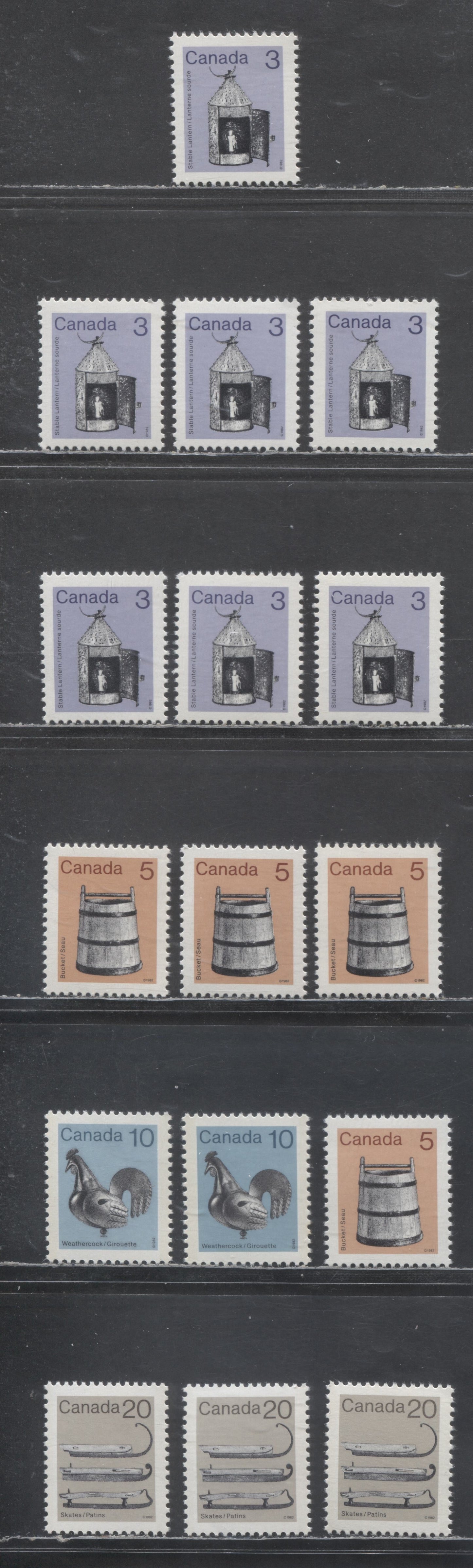 Lot 300 Canada #919-919ii, 920, 921, 922 3c-20c Purple/Gray Brown & Multicolored Lantern-Ice Skates, 1982-1897 Low-Value Artifact Definitives, 16 VFNH Singles With Many Unlisted Variations, Abitibi Paper Printings