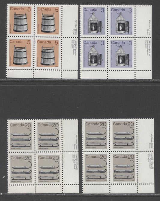 Canada #919i, 920, 922 3c, 5c, 20c Purple/Gray Brown & Multicolored Lantern/Ice Skates, 1982-1897 Low-Value Artifact Definitives, 4 VFNH LR Inscription Blocks Of 4 On Various Abitibi Papers