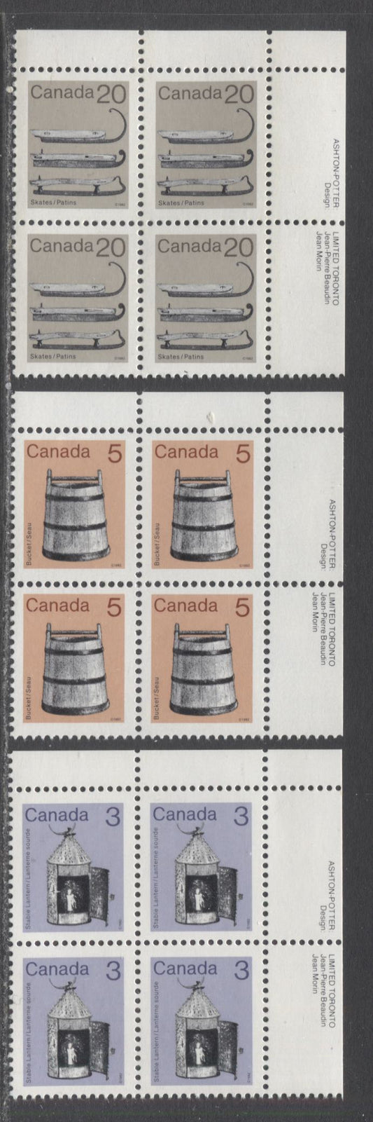 Lot 306 Canada #919i, 920, 922 3c, 5c, 20c Purple/Gray Brown & Multicolored Lantern/Ice Skates, 1982-1897 Low-Value Artifact Definitives, 3 VFNH UR Inscription Blocks Of 4 On LF3-fl/LF3-fl (3c), DF1/DF1 (5c) & DF1/NF (20c) Abitibi Papers