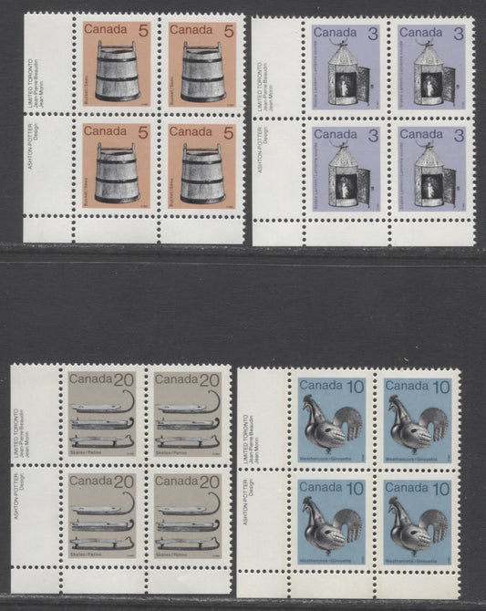 Canada #919i, 920-922 3c-20c Purple/Gray Brown & Multicolored Lantern-Ice Skates, 1982-1897 Low-Value Artifact Definitives, 4 VFNH LL Inscription Blocks Of 4 On LF3/LF3-fl (3c), DF1/DF1 (5c), NF/NF (10c) & DF1/NF (20c) Abitibi Papers