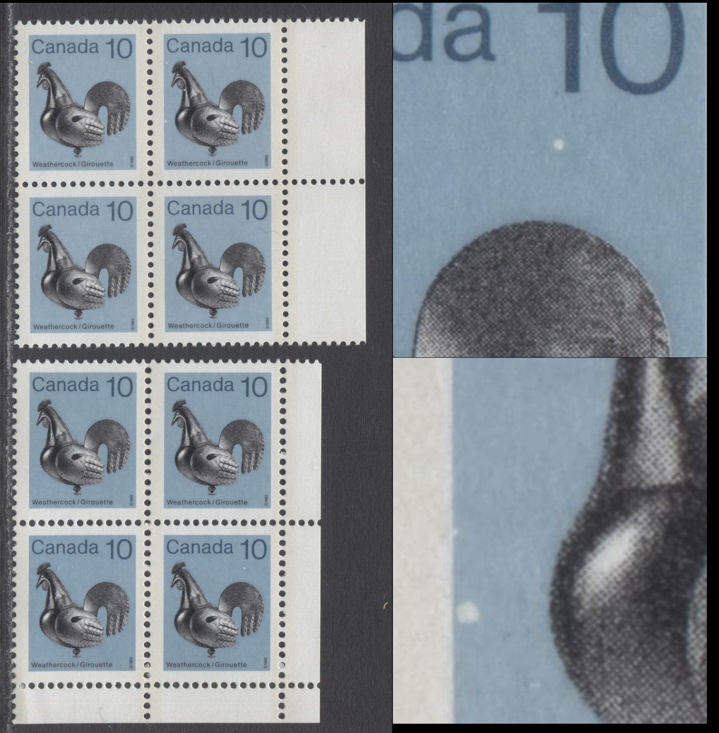 Lot 309 Canada #920 10c Blue & Multicolored Weathercock, 1982-1897 Low-Value Artifact Definitives, 2 F/VFNH LR & Right Blocks Of 4 With Dot Below 1 Of '10', Pos. 100 & To Left Of Rooster (Pos. 10/20/30…/100), DF1/DF2 Papers