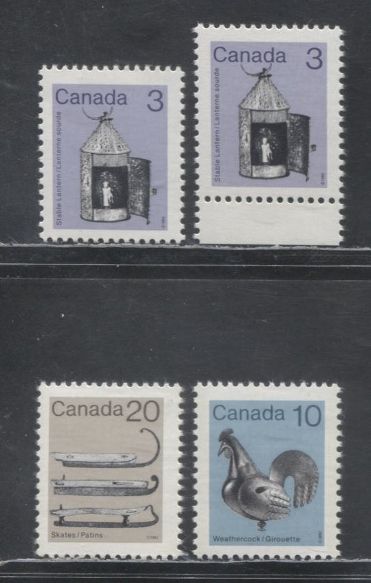 Lot 310 Canada #919-I, 921, 922i 3c, 10c & 20c Purple/Gray Brown & Multicolored Lantern/Ice Skates, 1982-1897 Low-Value Artifact Definitives, 4 VFNH Singles DF/LF, DF/DF & Scarce LF/LF Abitibi Papers, Not Included In Lot 300