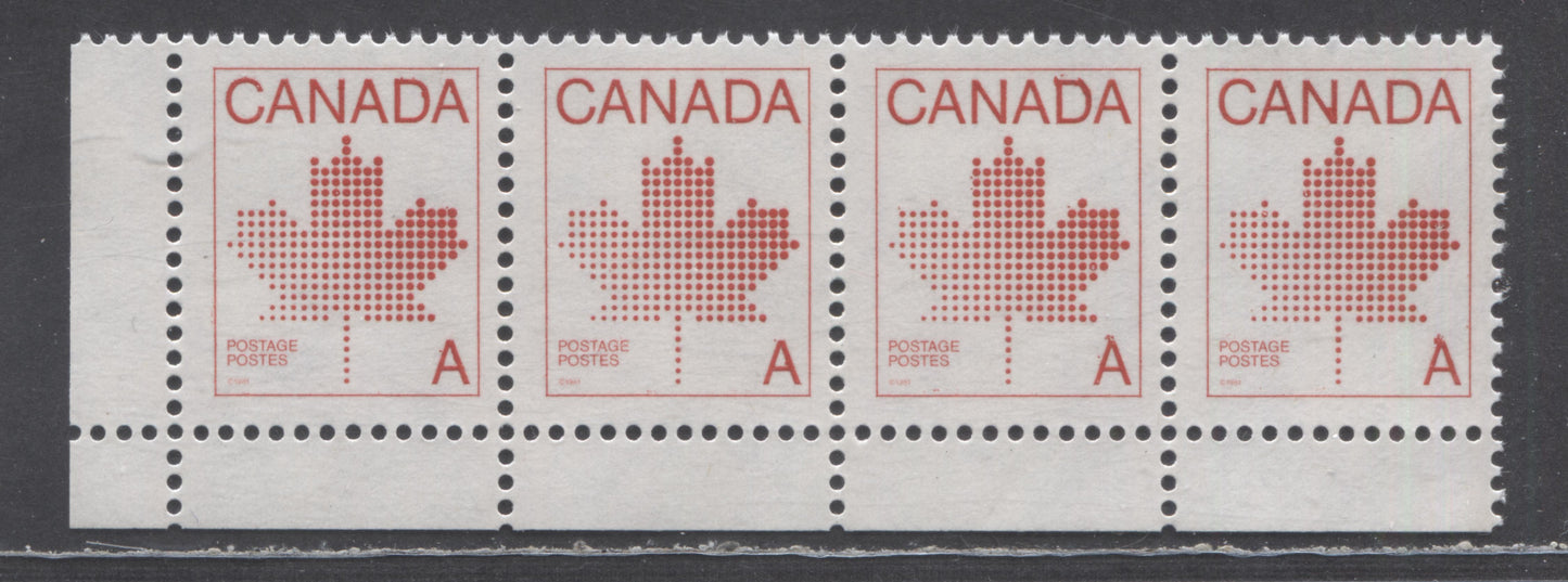 Lot 315 Canada #907ii A(30c) Red Maple Leaf, 1981 Non-Denominated 'A' Definitive, A VFNH Strip Of 4 On Uncoated NF/NF Paper, Showing Minor Kiss Print On Canada & A's (Pos. 91-94)