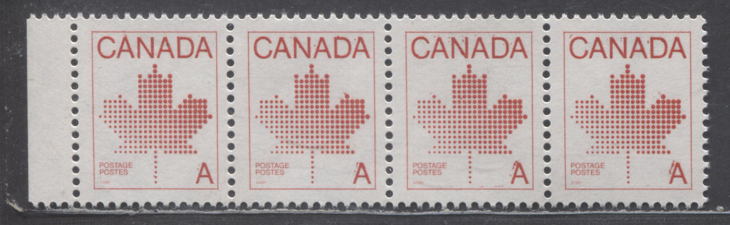 Lot 316 Canada #907iivar A(30c) Red Maple Leaf, 1981 Non-Denominated 'A' Definitive, A VFNH Strip Of 4 On Uncoated NF/NF Paper, Showing Partial Kiss Prints On Canada & A's, Pos. 71-74