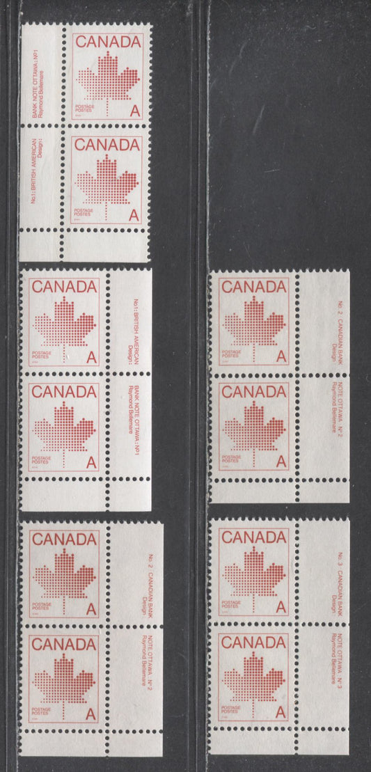 Lot 317 Canada #907ii A(30c) Red Maple Leaf, 1981 Non-Denominated 'A' Definitive, 5 VFNH Plates 1-3 Vertical Inscription Pairs On NF/DF, DF/NF, NF/NF-fl & DF/LF-fl Papers