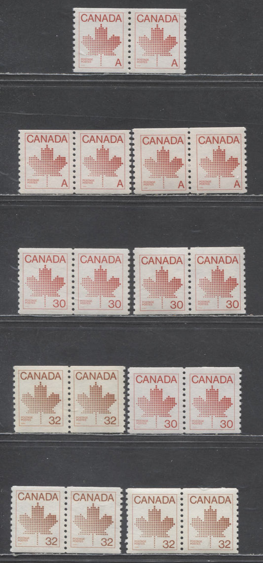 Canada #908,ii,950, 951,iii A(30c), 30c & 32c Red Maple Leaf, 1981-1983 Non-Denominated 'A' Definitive, 8 VFNH Pairs On Various Abitibi & Clark Papers