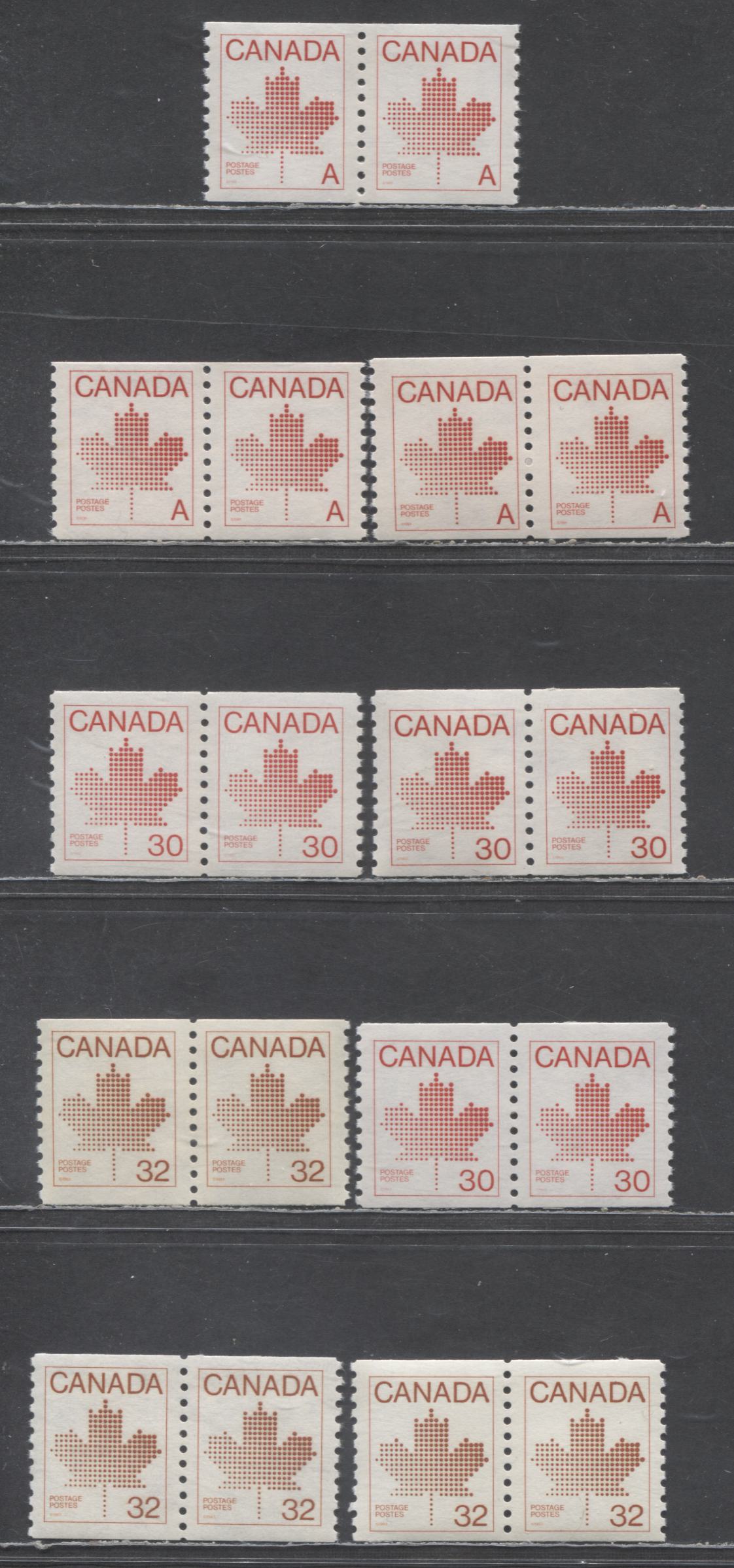 Lot 318 Canada #908,ii,950, 951,iii A(30c), 30c & 32c Red Maple Leaf, 1981-1983 Non-Denominated 'A' Definitive, 8 VFNH Pairs On Various Abitibi & Clark Papers