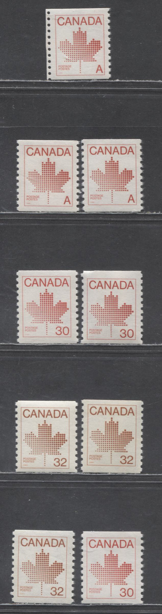 Lot 319 Canada #908,ii,950, 951,iii A(30c), 30c & 32c Red Maple Leaf, 1981-1983 Non-Denominated 'A' Definitive, 8 VFNH Singles On Various Abitibi & Clark Papers
