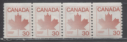 Lot 320 Canada #950ii 30c Red Maple Leaf, 1982-1983 Artifact Issue, A FNH Coil Strip Of 4 On NF/DF Paper With Wide Spacing