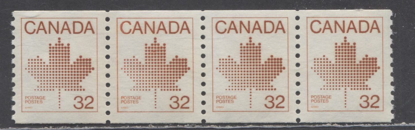 Lot 321 Canada #951 32c Brown Maple Leaf, 1982-1983 Artifact Issue, A VFNH Coil Strip Of 4 On DF/DF Abitibi Paper With Blurry Frame