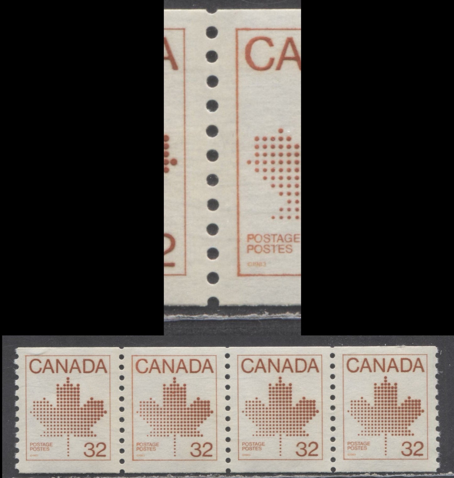 Lot 321 Canada #951 32c Brown Maple Leaf, 1982-1983 Artifact Issue, A VFNH Coil Strip Of 4 On DF/DF Abitibi Paper With Blurry Frame