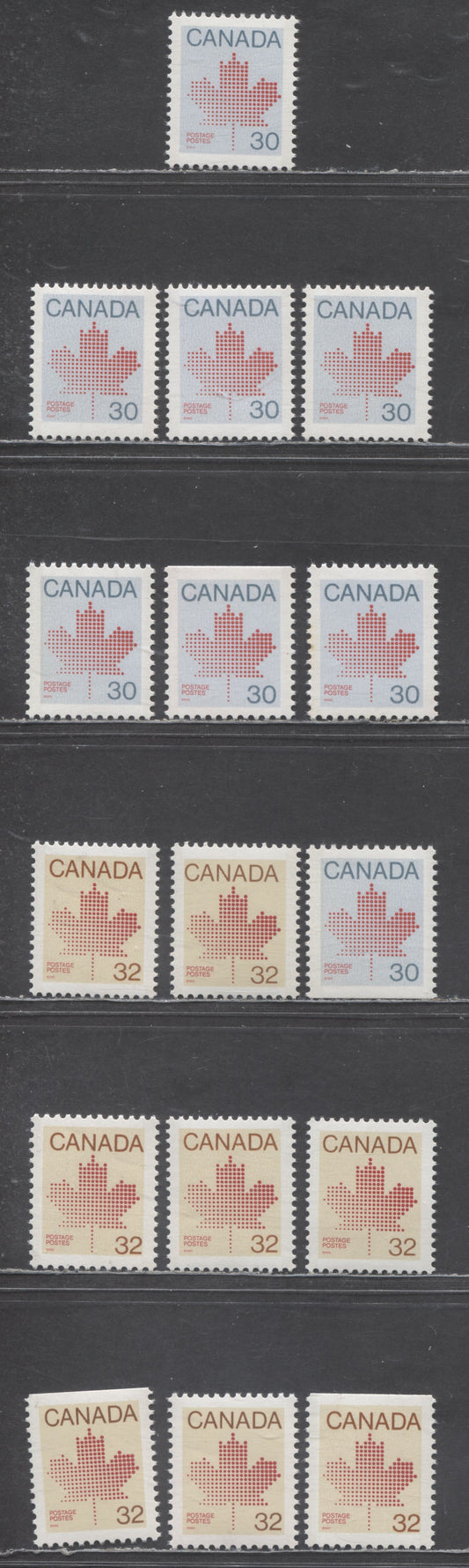 Lot 323 Canada #923,ii,b,bs, 924,iii,I,b,bs,bis,bisi 30c & 32c Red on Blue & Red on Cream Maple Leaf, 1982-1985 Definitives, 16 VFNH Sheet & Booklet Singles On Various Abitibi & Harrison Papers