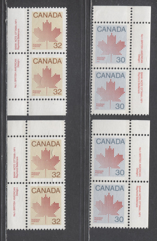 Lot 324 Canada #923, 923ii, 924, 924iii 30c & 32c Red on Blue & Red on Cream Maple Leaf, 1982-1985 Definitives, 4 VFNH Vertical Inscription Pairs On NF/NF-fl, DF/DF & DF/LF Papers