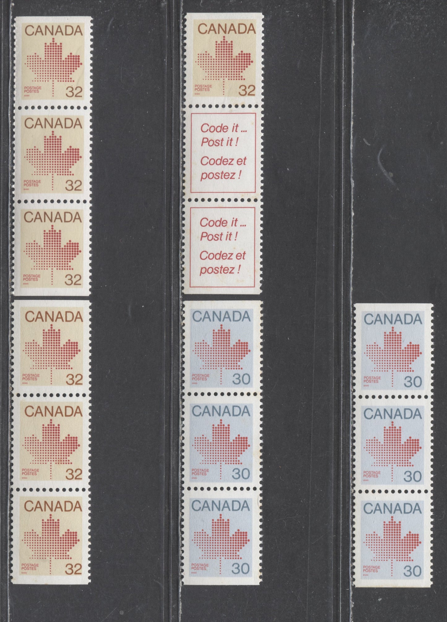 Lot 325 Canada #923b-bs, 924b-bs,bis,bisi 30c & 32c Red on Blue & Red on Cream Maple Leaf, 1982-1985 Definitives, 5 VFNH Booklet Strips Of 3 On LF/LF, DF/DF, NF/NF & DF/LF-fl Abitibi & Harrison Papers