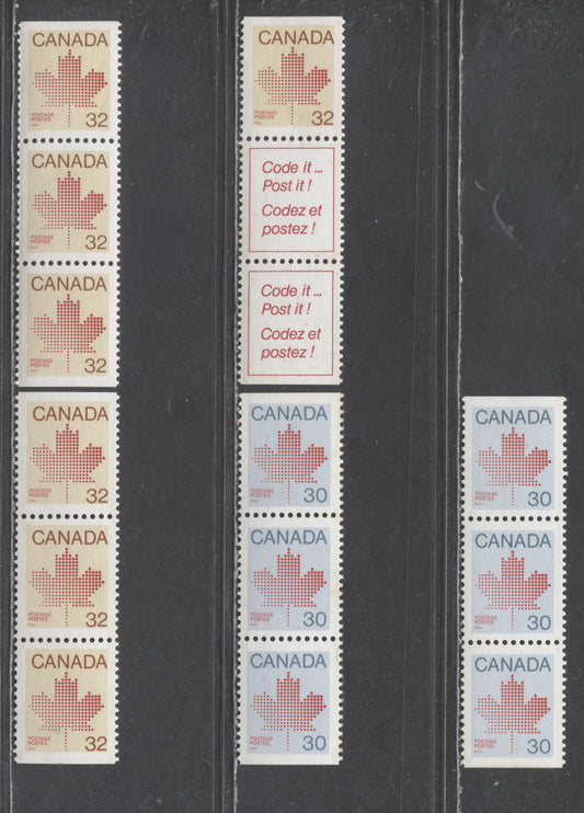 Lot 325 Canada #923b-bs, 924b-bs,bis,bisi 30c & 32c Red on Blue & Red on Cream Maple Leaf, 1982-1985 Definitives, 5 VFNH Booklet Strips Of 3 On LF/LF, DF/DF, NF/NF & DF/LF-fl Abitibi & Harrison Papers