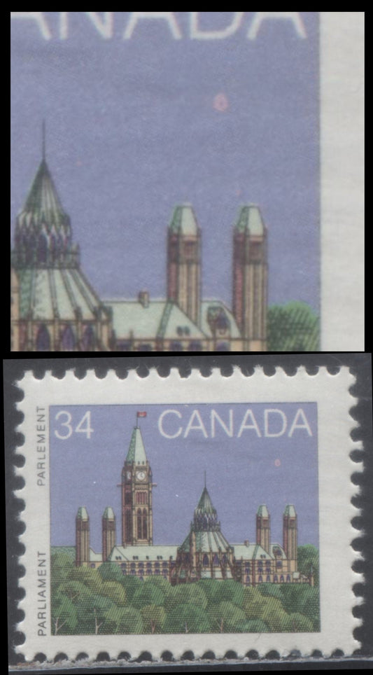 Lot 327 Canada #925 34c Multicolored Parliament Building, 1985-1987 First Class Definitives, A VFNH Single On DF/DF Harrison Paper With 'Moon Over Towers' Variety, Possibly Constant, Lavender Sky