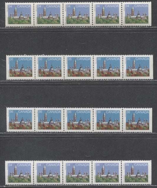 Lot 330 Canada #925as-asi,b,cs, 926Bdiis 34c & 36c Multicolored Parliament Building, 1985-1987 First Class Definitives, 4 VFNH Horizontal Booklet Strips Of 5 On DF/DF Harrison, LF/MF & LF/F Rolland Papers