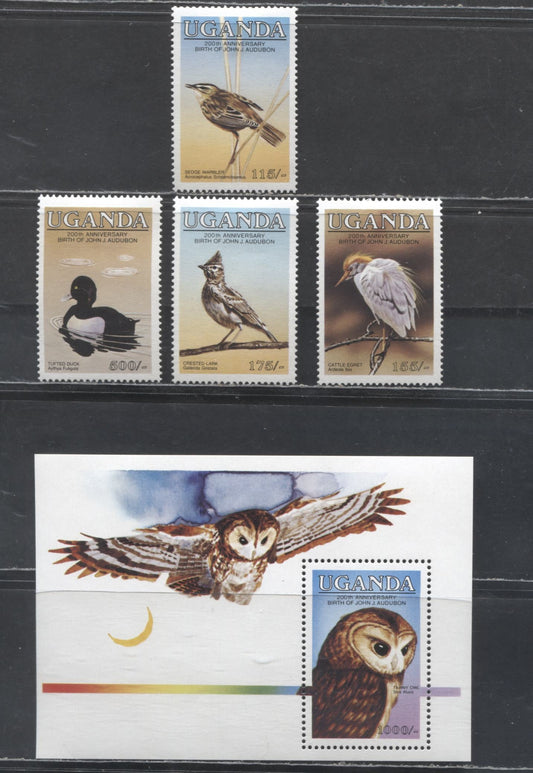 Lot 33 Uganda SC#453-457 1985 Audubon Birth Bicentenary Issues, 5 VFNH Singles & Souvenir Sheet, Click on Listing to See ALL Pictures, Estimated Value $10