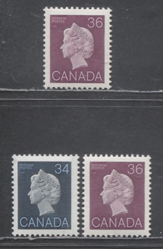 Canada #926, 926A 34c & 36c Dark Blue & Plum Queen Elizabeth II, 1985-1987 First Class Definitives, 3 VFNH Singles On DF Harrison Paper With Deep Yellow & Greenish Yellow Tags