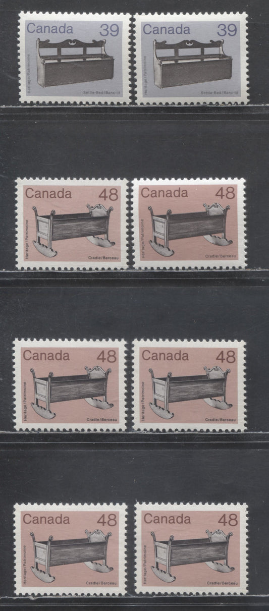 Lot 335 Canada #928-929, 929ii 39c & 48c Violet/Pink & Multicolored Settle-Bed & Cradle, 1982-1987 Medium-Value Artifact Definitives, 8 VFNH Singles On Various Abitibi, Clark & Harrison Papers