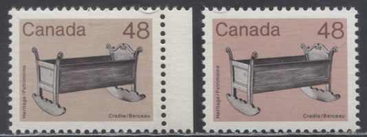 Lot 337 Canada #929i 48c Pink & Multicolored Cradle, 1982-1987 Medium-Value Artifact Definitives, 2 VFNH Singles On DF/DF-fl With Few LF Specks, Brown Background With Normal Shade For Comparison