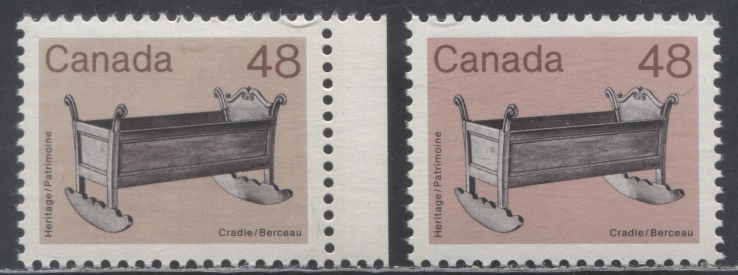 Canada #929i 48c Pink & Multicolored Cradle, 1982-1987 Medium-Value Artifact Definitives, 2 VFNH Singles On DF/DF-fl With Few LF Specks, Brown Background With Normal Shade For Comparison