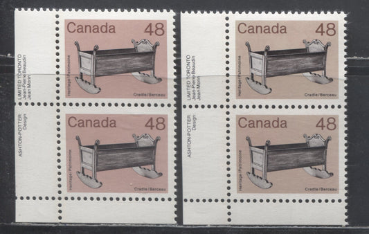 Lot 338 Canada #929i 48c Pink & Multicolored Cradle, 1982-1987 Medium-Value Artifact Definitives, 2 VFNH Inscription Pairs On DF/DF-fl With Few LF & MF Specks, Brown Background & Normal For Comparison