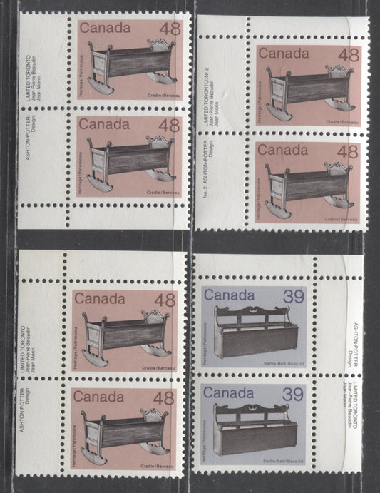 Lot 339 Canada #928, 929, 929i 39c & 48c Violet/Pink & Multicolored Settle-Bed & Cradle, 1982-1987 Medium-Value Artifact Definitives, 4 VFNH Inscription Pairs On NF/NF Harrison Paper, NF/NF Clark Paper, DF1/DF1 & DF2/DF2 Abitibi Papers