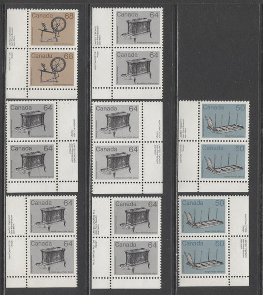 Lot 342 Canada #930, 932,ii,i, 933 50c-68c Blue/Tan & Multicolored Sleigh - Spinning Wheel, 1982-1987 Medium-Value Artifact Definitives, 8 VFNH Inscription Pairs With Various Harrison, Clark & Abitibi Papers