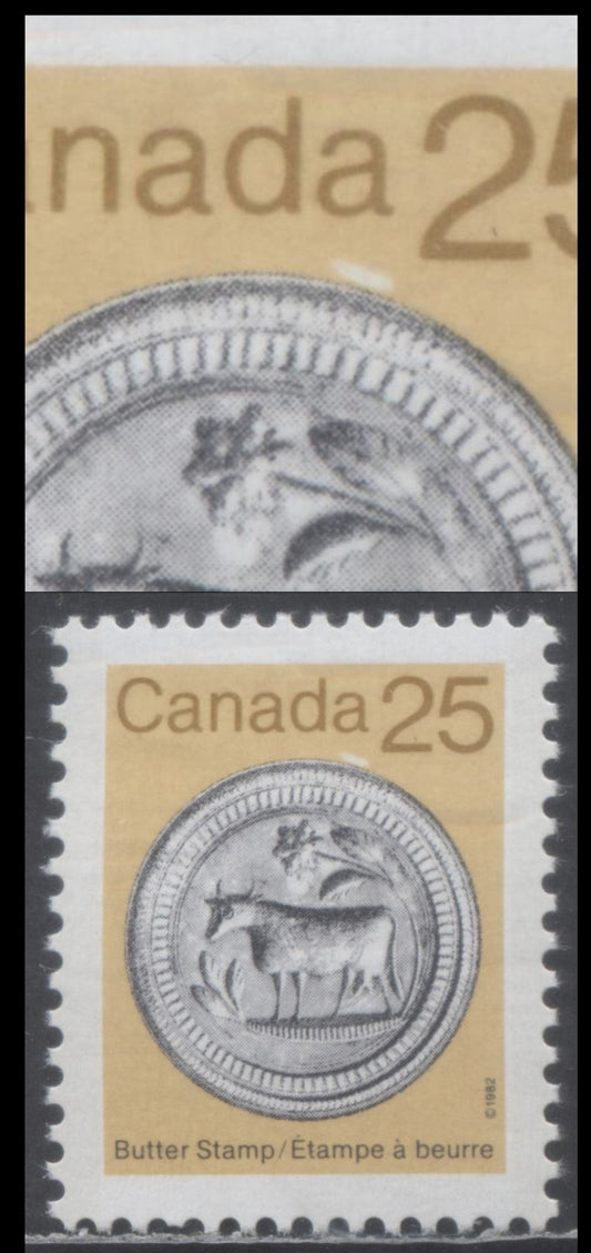 Lot 343 Canada #1080 25c Yellow & Multicolored Butter Stamp, 1987-1988 Artifact Definitives, A VFNH Single On MF7/LF4 Rolland Paper, Blemish Under A Of Canada Possibly Constant