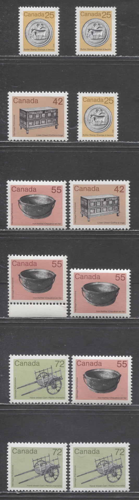 Lot 344 Canada #1080, 1081i,iii, 1082, 1083-iii 25c-72c Yellow/Apple Green & Multicolored Butter Stamp - Hand-Drawn Cart Issues, 1987-1988 Artifact Definitives, 12 VFNH Singles With Various Harrison & Rolland Papers, With Shade Varieties