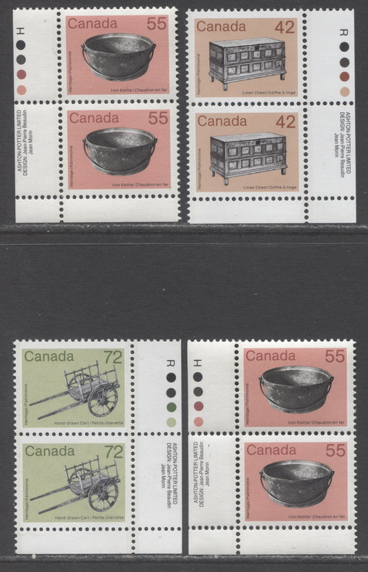 Lot 345 Canada #1081i, 1082, 1083 42c-72c Orange Brown/Apple Green & Multicolored Linen Chest - Hand-Drawn Cart Issues, 1987-1988 Artifact Definitives, 4 VFNH Inscription Pairs On MF7/MF7, NF/DF2, NF/DF1 & F/F Papers