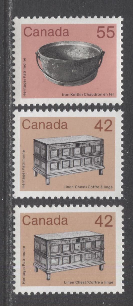 Lot 346 Canada #1081i, 1082 42c & 55c Orange Brown/Pink & Multicolored Linen Chest - Iron Kettle, 1987-1988 Artifact Definitives, 3 VFNH Singles On LF3/LF3, LF3/LF4 & NF/NF Papers