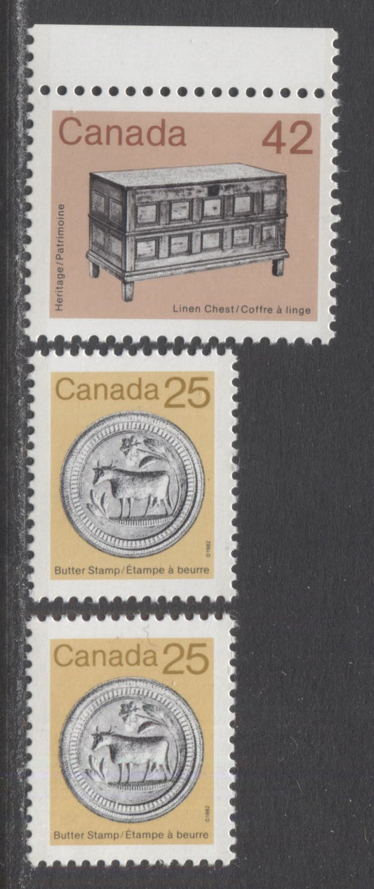 Lot 347 Canada #1080, 1081 25c & 42c Yellow/Orange-Brown & Multicolored Butter Stamp - Linen Chest, 1987-1988 Artifact Definitives, 3 VFNH Singles On DF/DF1 (25c), F5/MF7 (25c) & DF/NF (42c) Papers