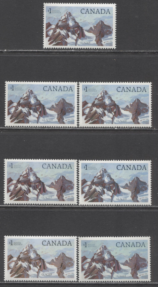 Lot 349 Canada #934,iii,iv $1 Multicolored Glacier National Park, 1982-1987 High Value National Park, 7 VFNH Singles On Different Clark & Harrison Papers, CBN & BABN Printings