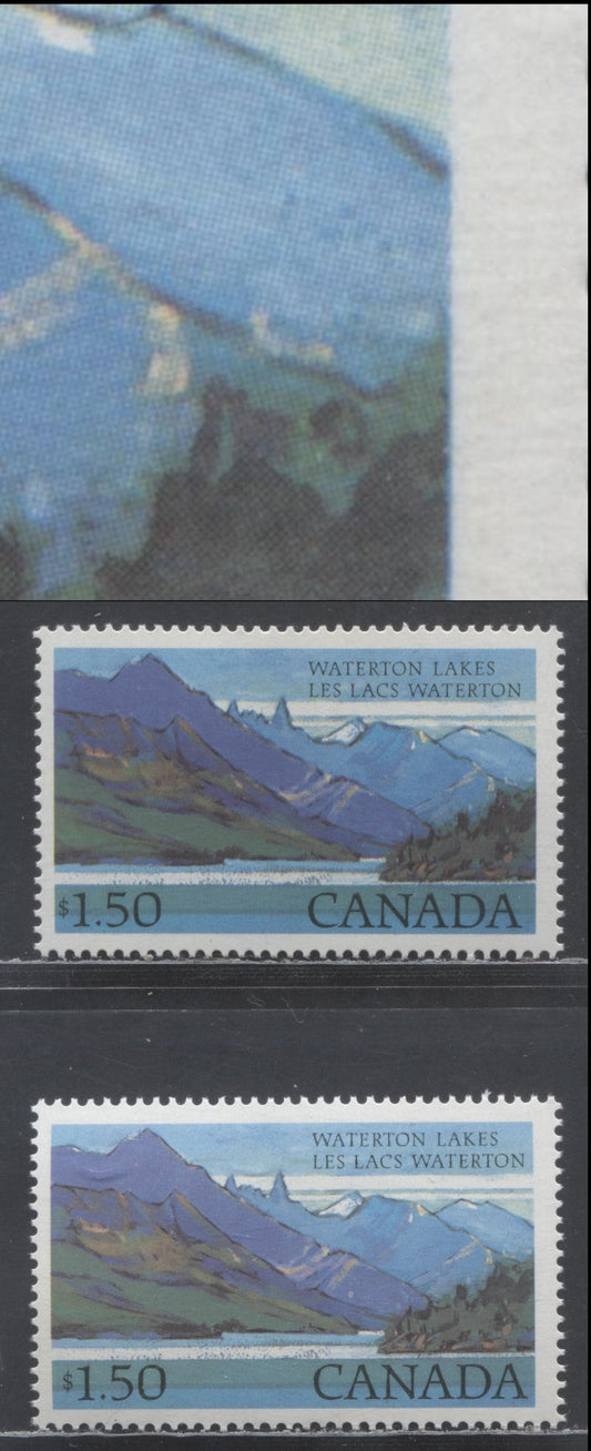 Lot 351 Canada #935i,iii $1.50 Multicolored Waterton Lakes, 1982-1987 High Value National Park, 2 VFNH Singles On LF/DF2 & LF/LF-fl Papers, Without Beacon On Mountain