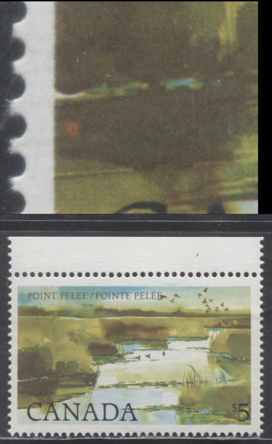 Lot 353 Canada #937var $5 Multicolored Point Pelee, 1982-1987 High Value National Park, A VFNH Single On LF/LF-fl Abitibi Paper, Will O' Wisp Variety, Pos. 1, Possibly Constant